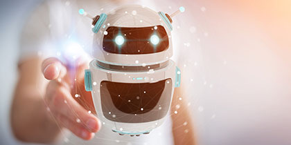 3D Grafik eines Chatbots Roboter mit Mensch im Hintergrund